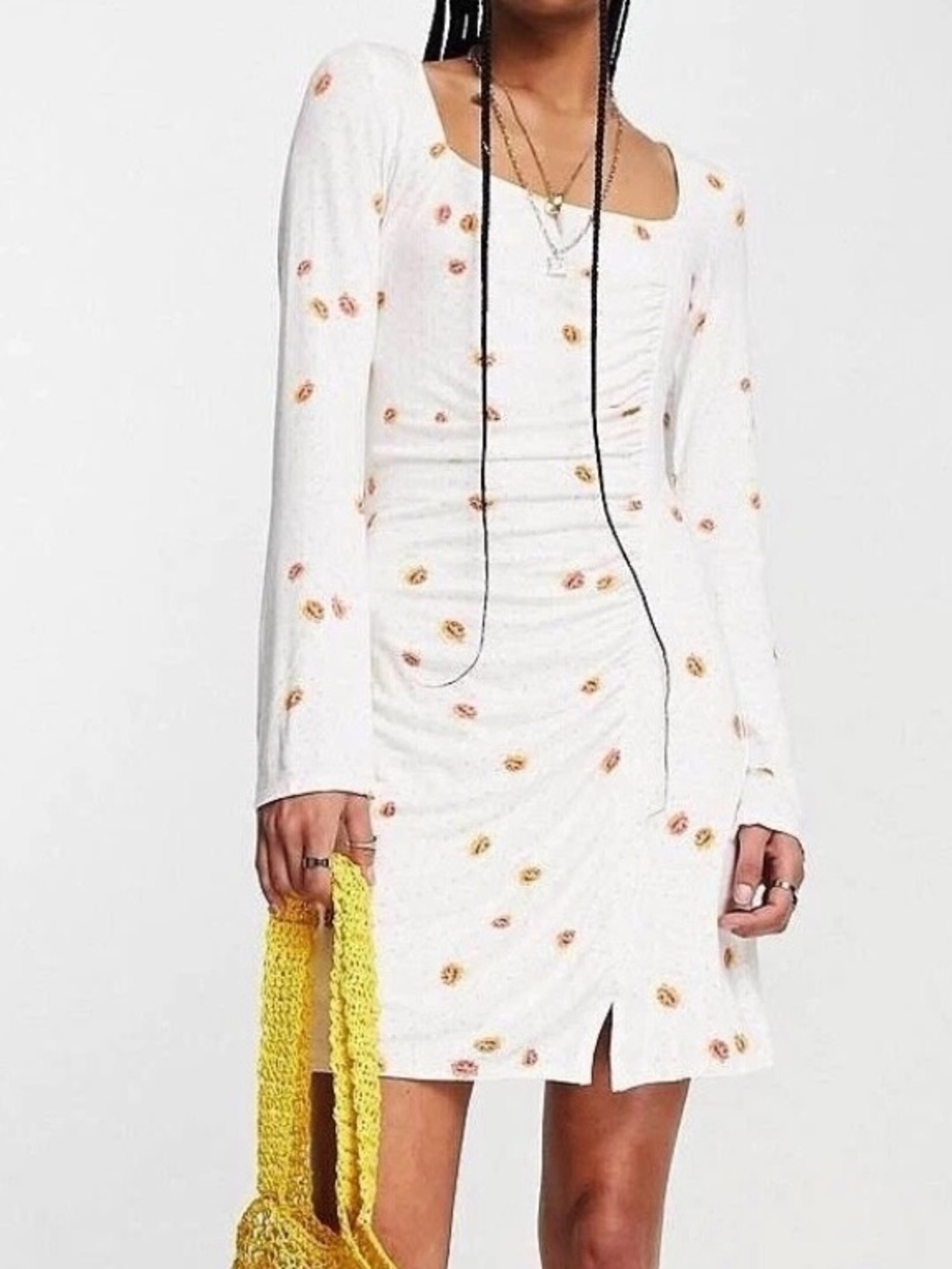 Free people Celia cream white orange floral ruched long sleeve dress size M